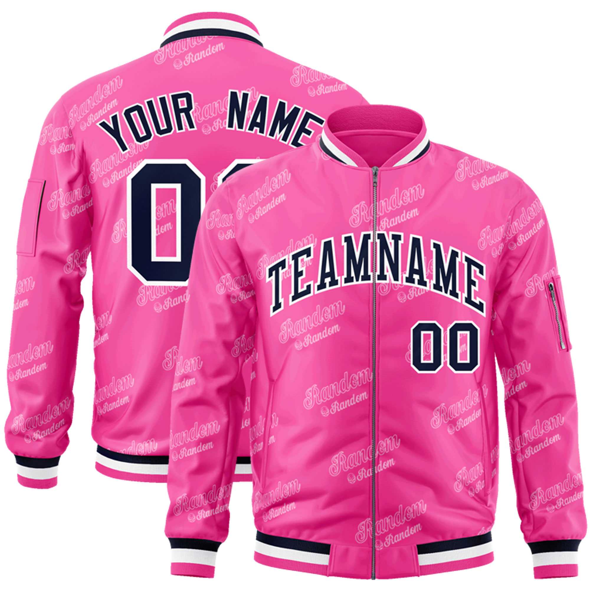 Custom Pink Navy-White Letter Full-Zip Varsity Bomber Jacket