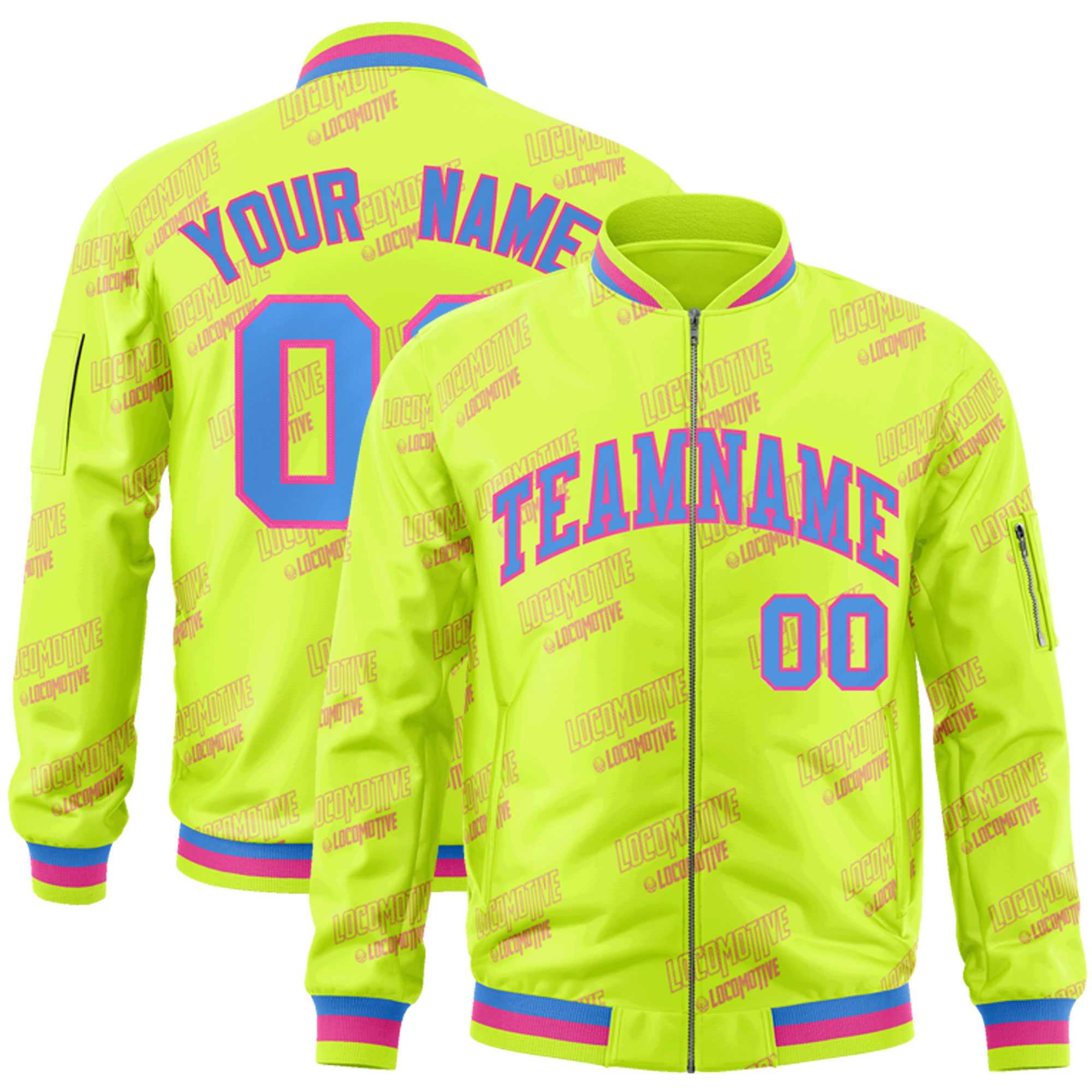 Custom Neon Green Powder Blue-Pink Letter Full-Zip Varsity Bomber Jacket