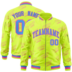 Custom Neon Green Powder Blue-Pink Letter Full-Zip Varsity Bomber Jacket