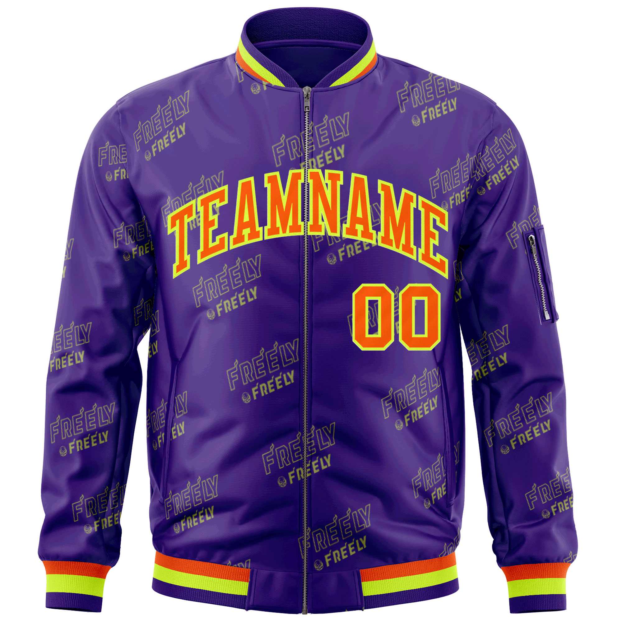 Custom Purple Orange-Neon Green Letter Full-Zip Varsity Bomber Jacket