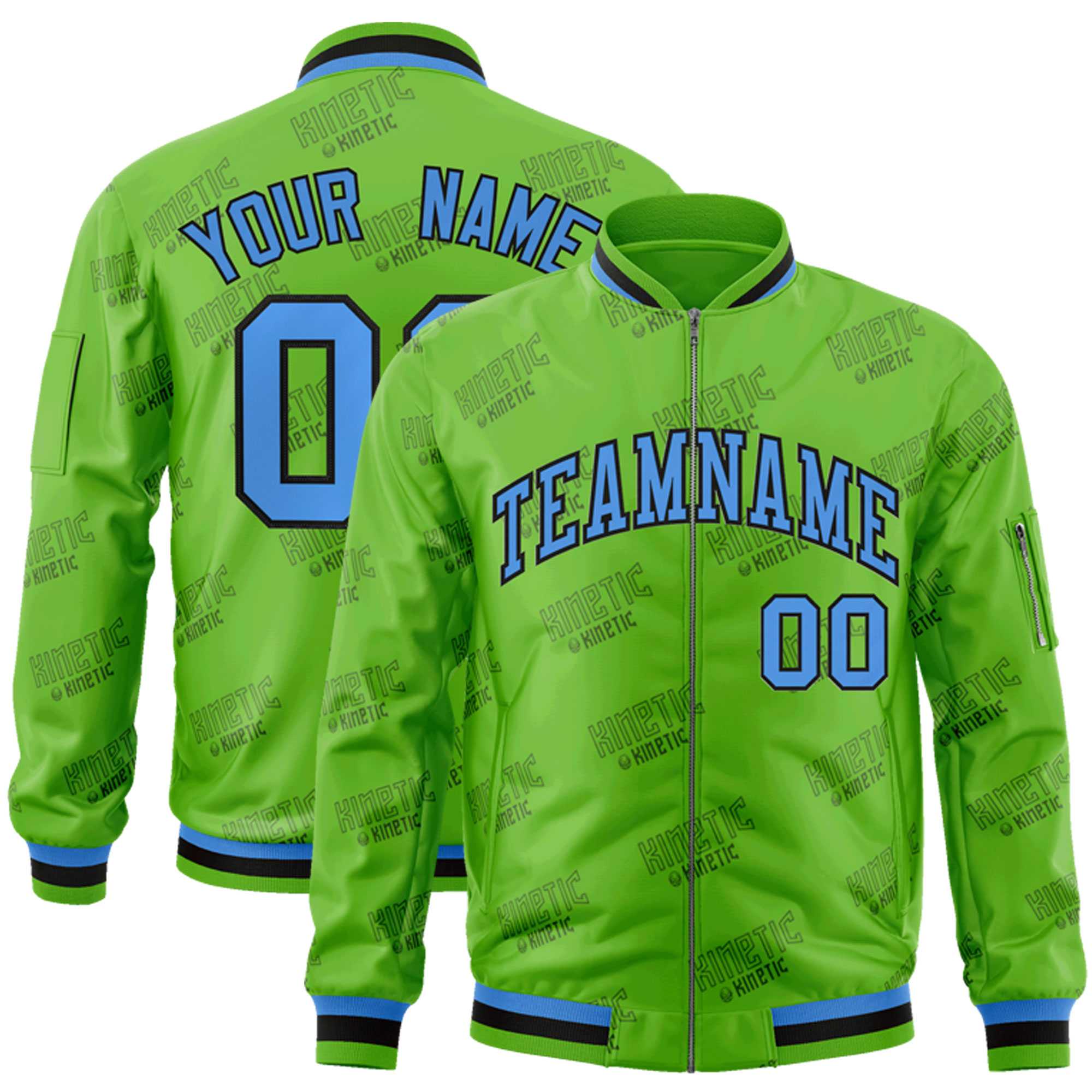 Custom Green Powder Blue-Black Letter Full-Zip Varsity Bomber Jacket