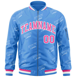 Custom Powder Blue Pink-White Letter Full-Zip Varsity Bomber Jacket