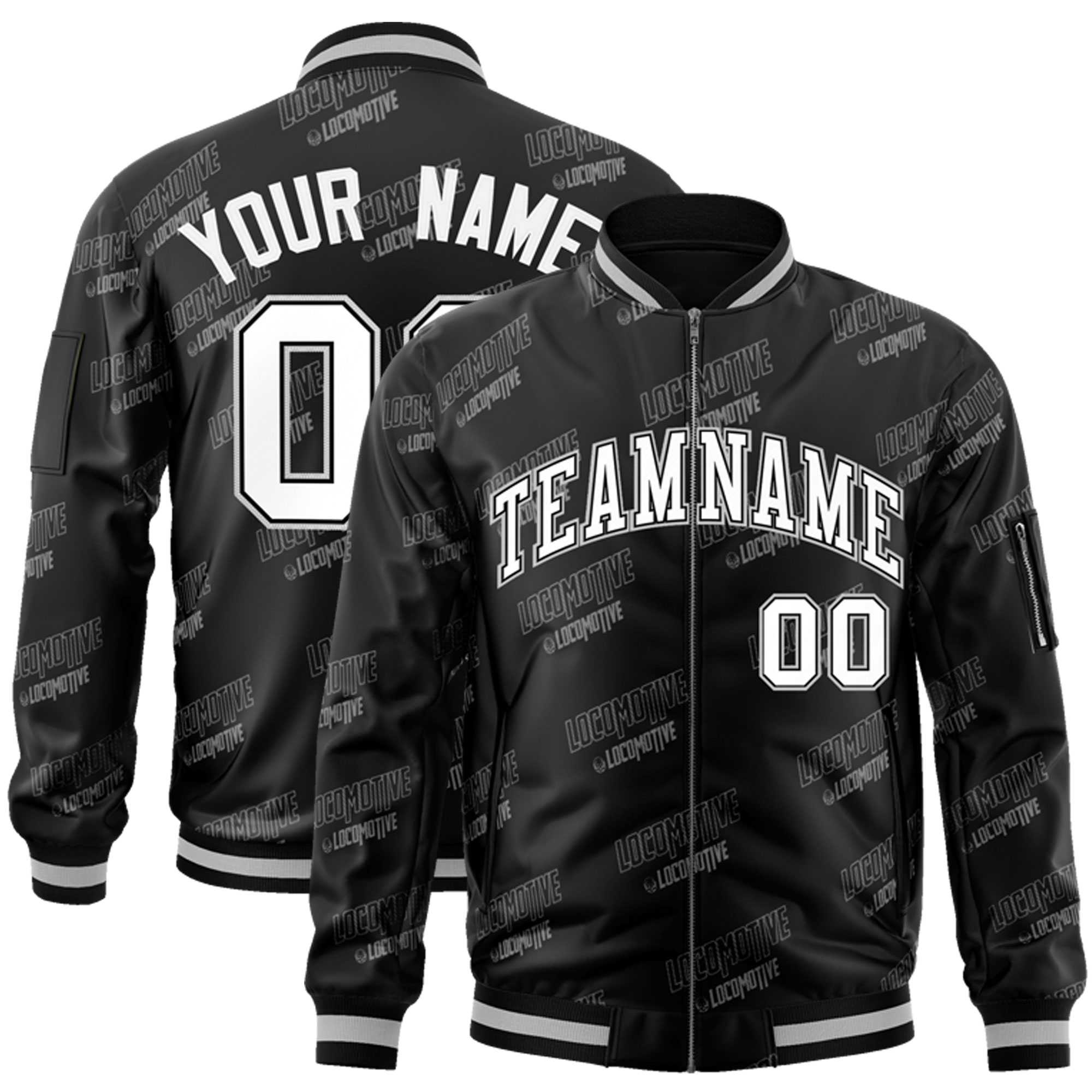 Custom Black White Letter Full-Zip Varsity Bomber Jacket