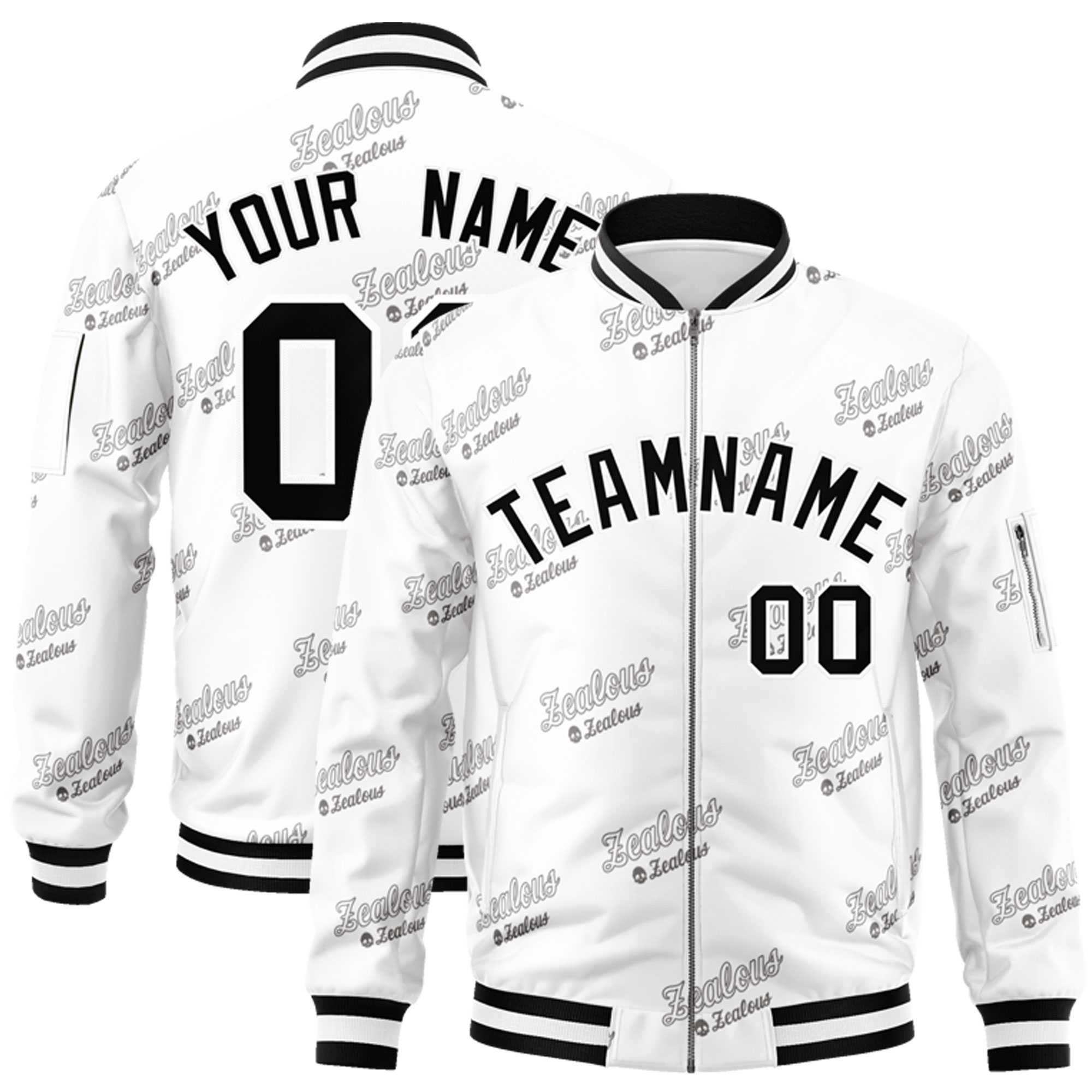 Custom White Black Letter Full-Zip Varsity Bomber Jacket