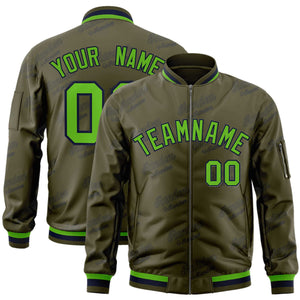 Custom Olive Green-Navy Letter Full-Zip Varsity Bomber Jacket