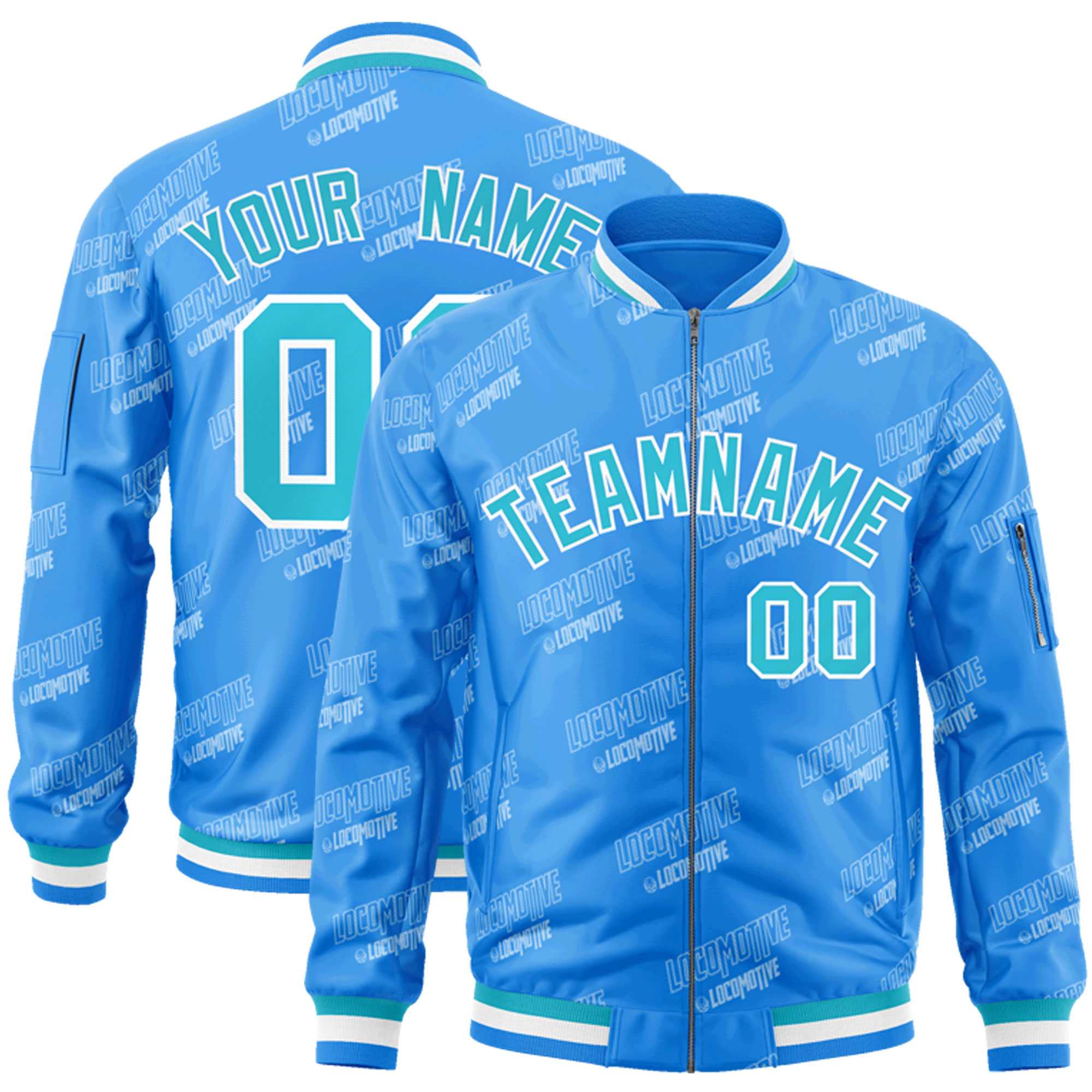 Custom Powder Blue Sky Blue-White Letter Full-Zip Varsity Bomber Jacket