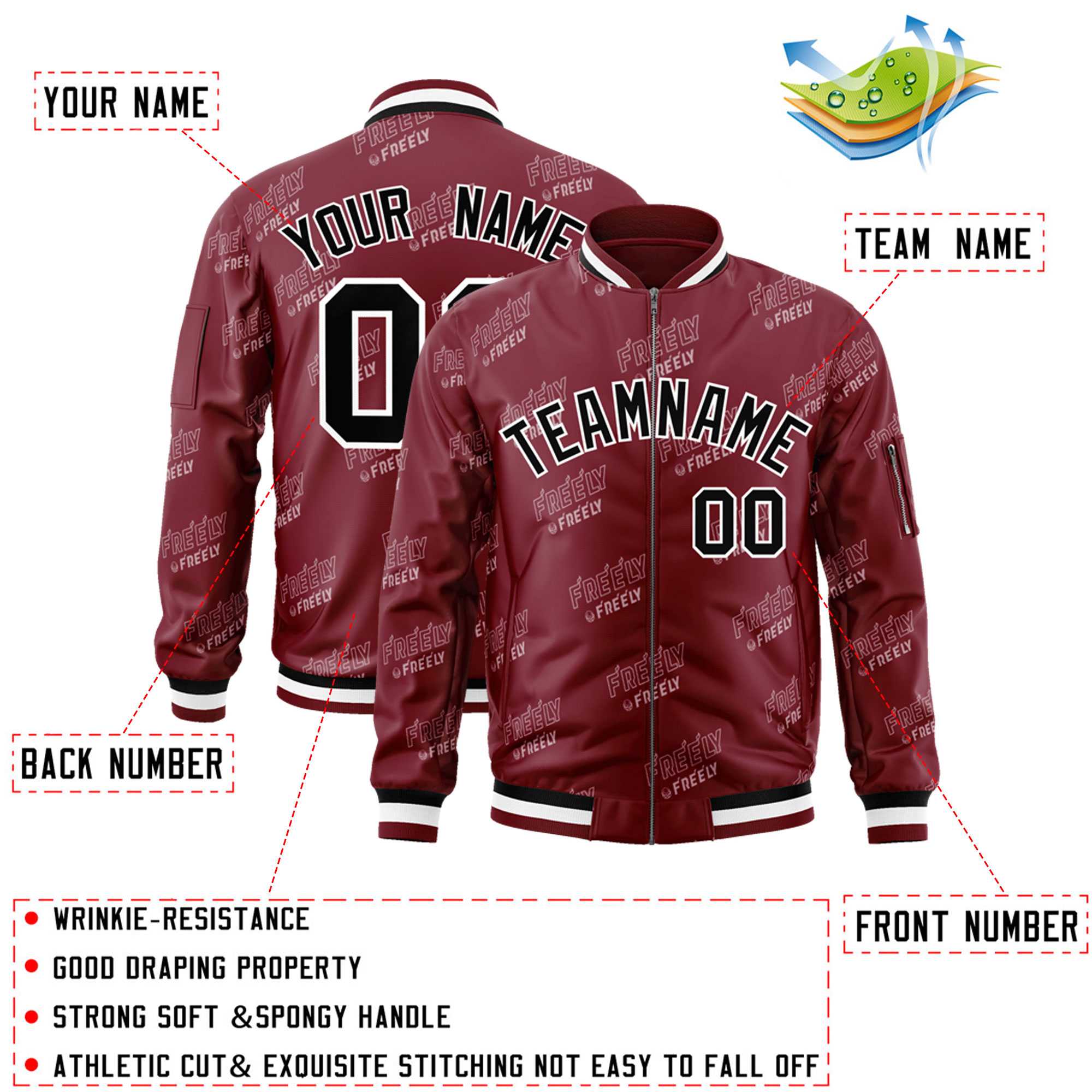 Custom Crimson Black-White Letter Full-Zip Varsity Bomber Jacket