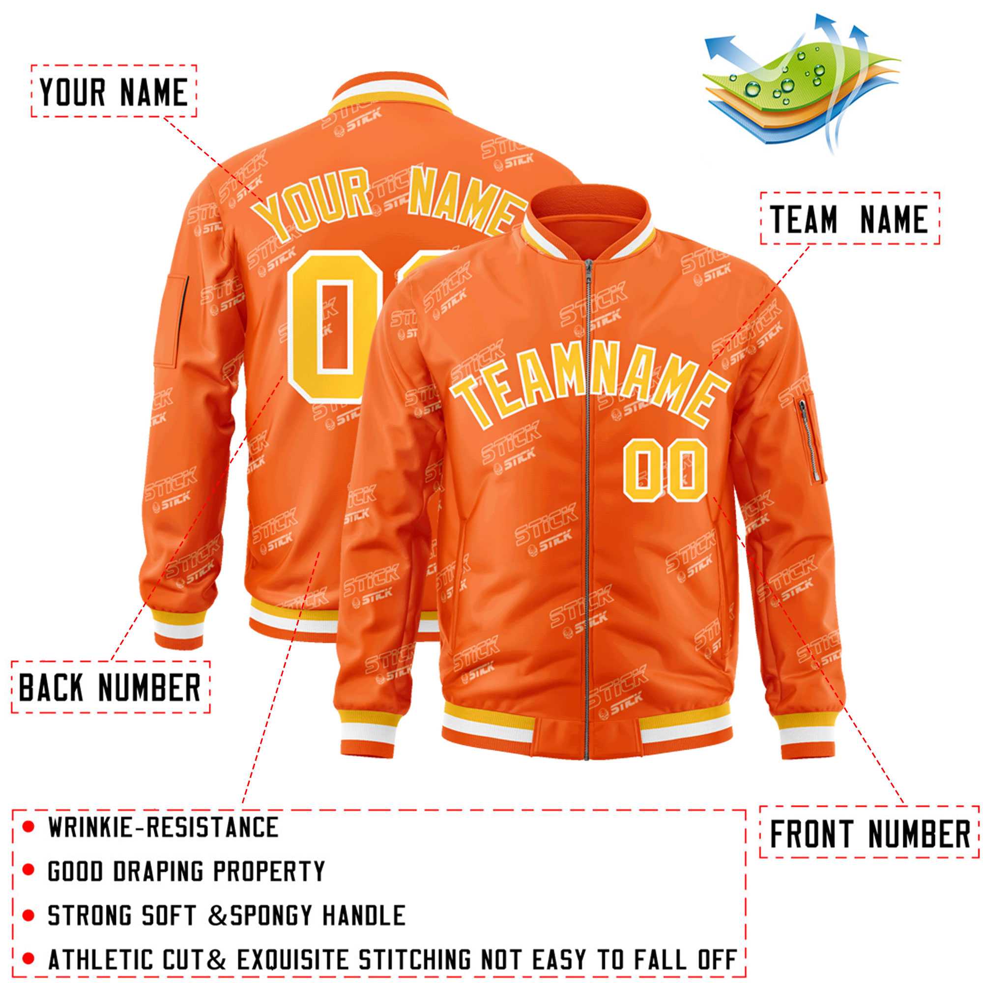 Custom Orange Gold-White Letter Full-Zip Varsity Bomber Jacket