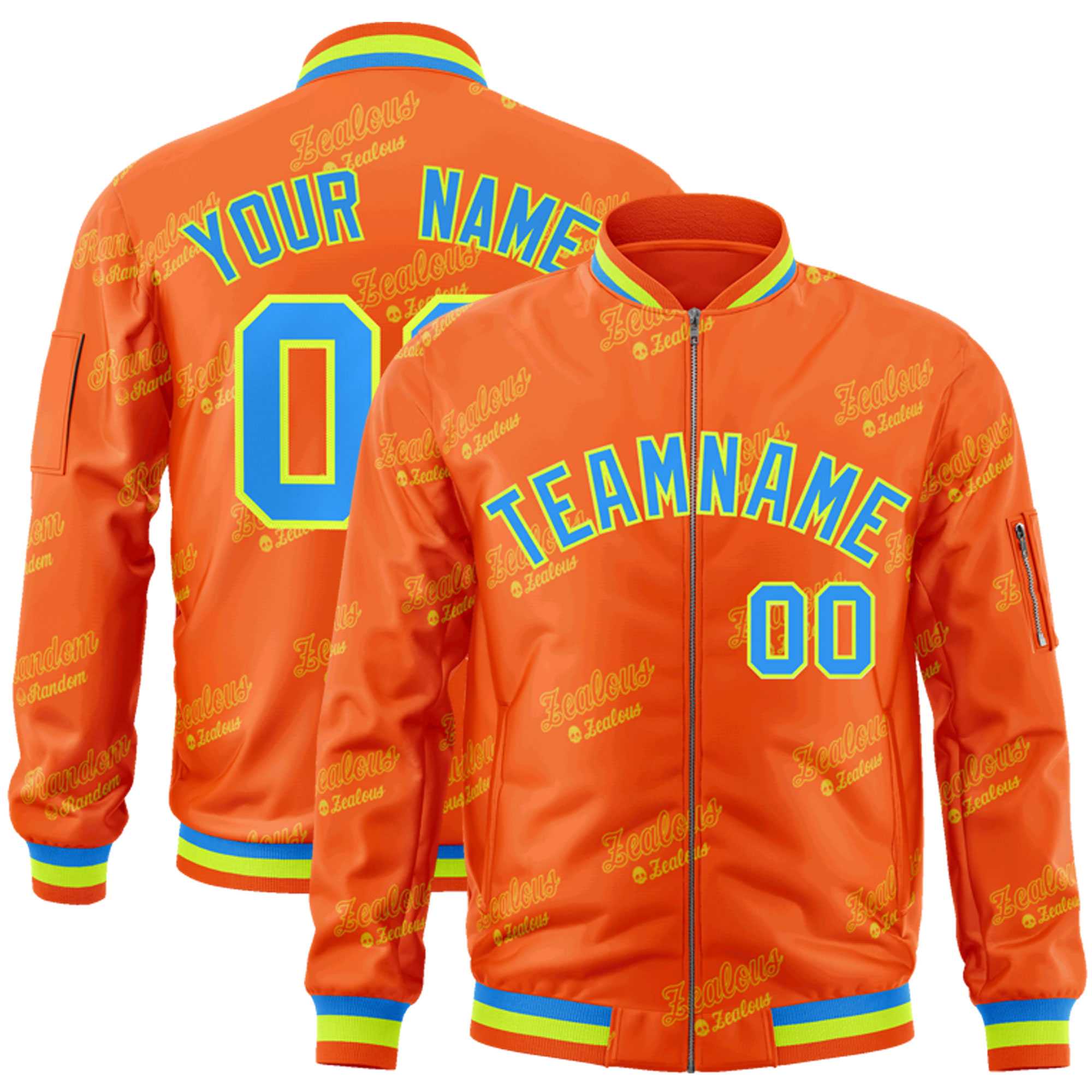 Custom Orange Powder Blue-Neon Green Letter Full-Zip Varsity Bomber Jacket