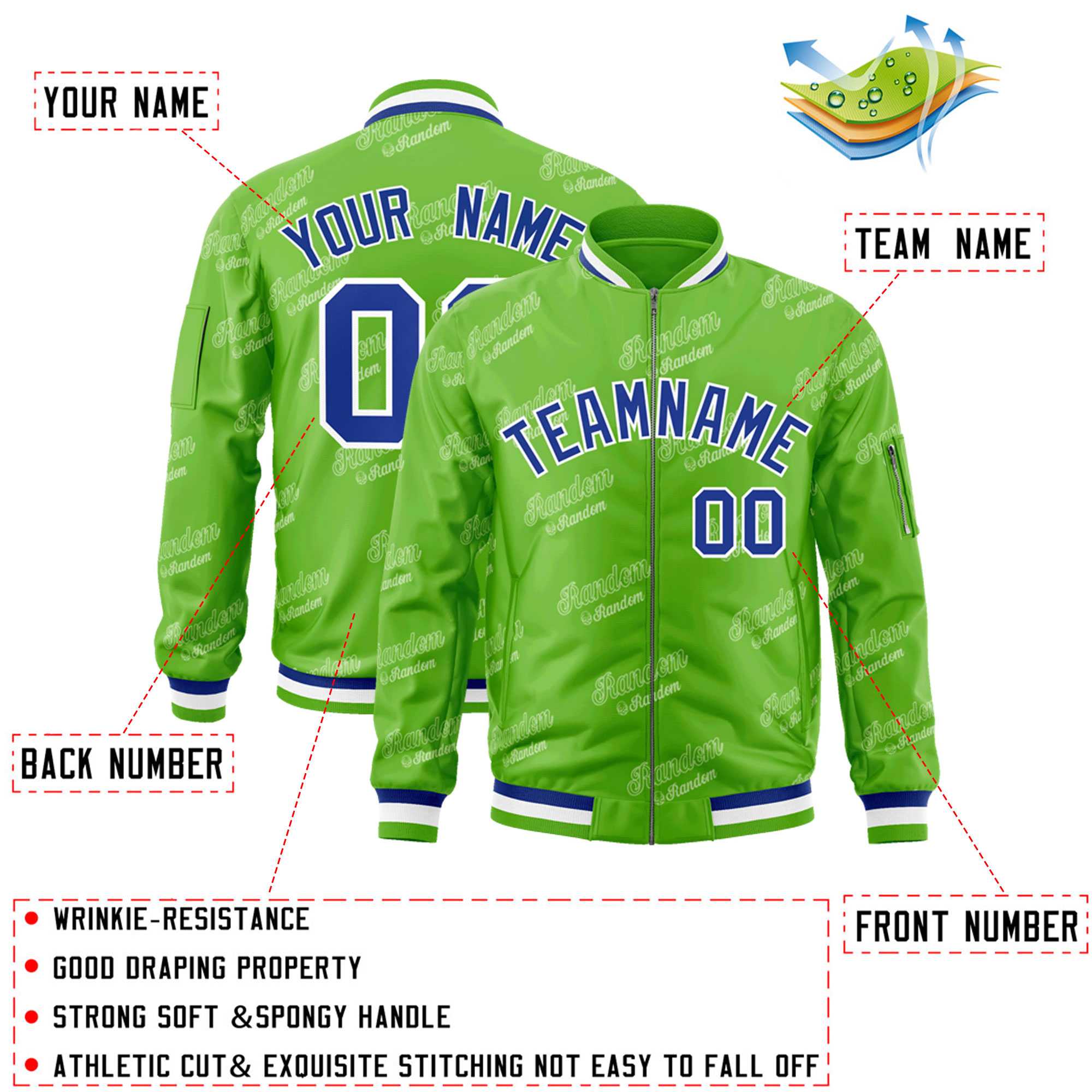 Custom Green Royal-White Letter Full-Zip Varsity Bomber Jacket