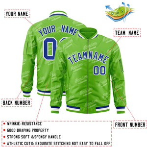 Custom Green Royal-White Letter Full-Zip Varsity Bomber Jacket