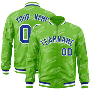 Custom Green Royal-White Letter Full-Zip Varsity Bomber Jacket