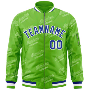 Custom Green Royal-White Letter Full-Zip Varsity Bomber Jacket