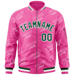 Custom Pink Green-White Letter Full-Zip Varsity Bomber Jacket