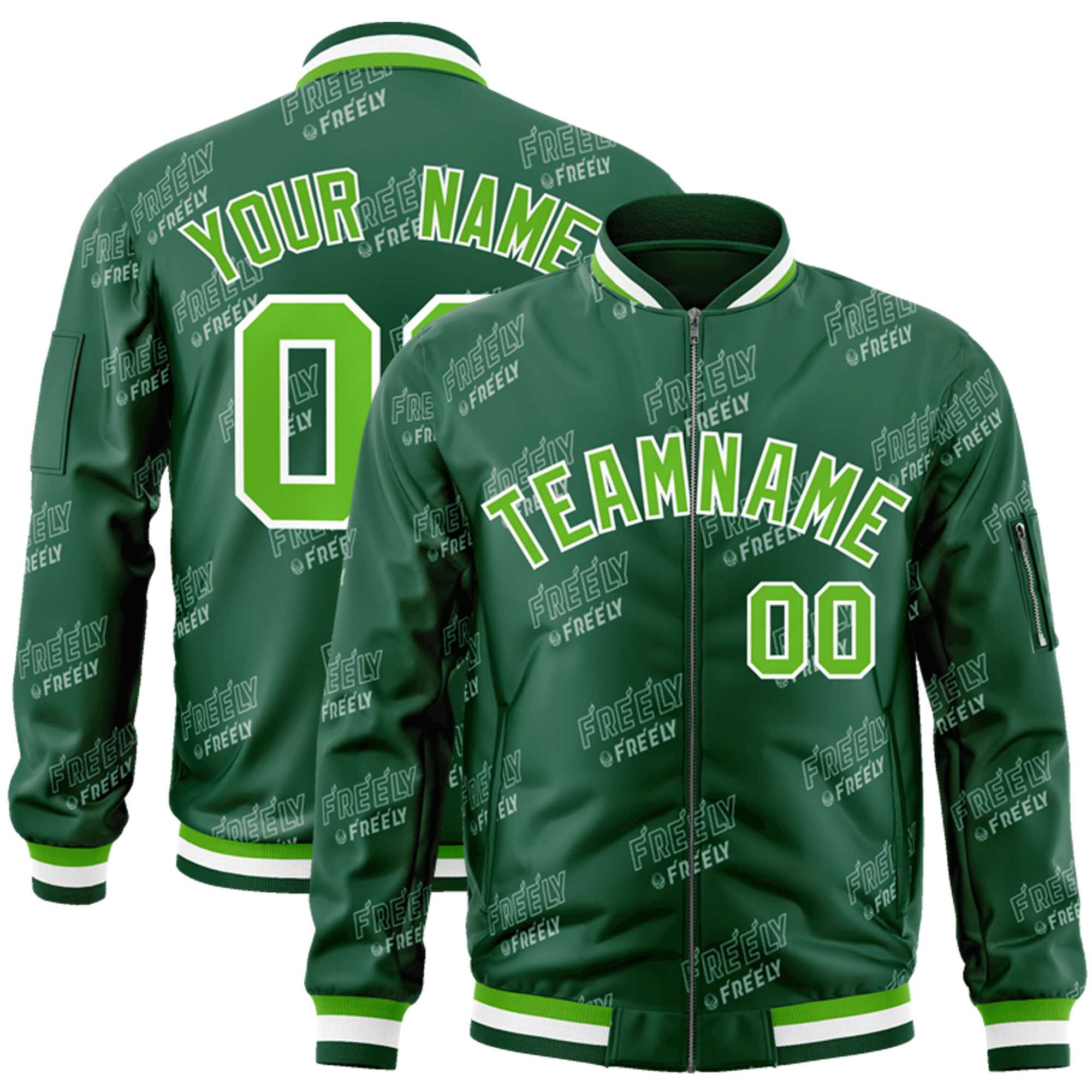 Custom Green White Letter Full-Zip Varsity Bomber Jacket