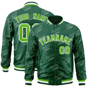 Custom Green White Letter Full-Zip Varsity Bomber Jacket