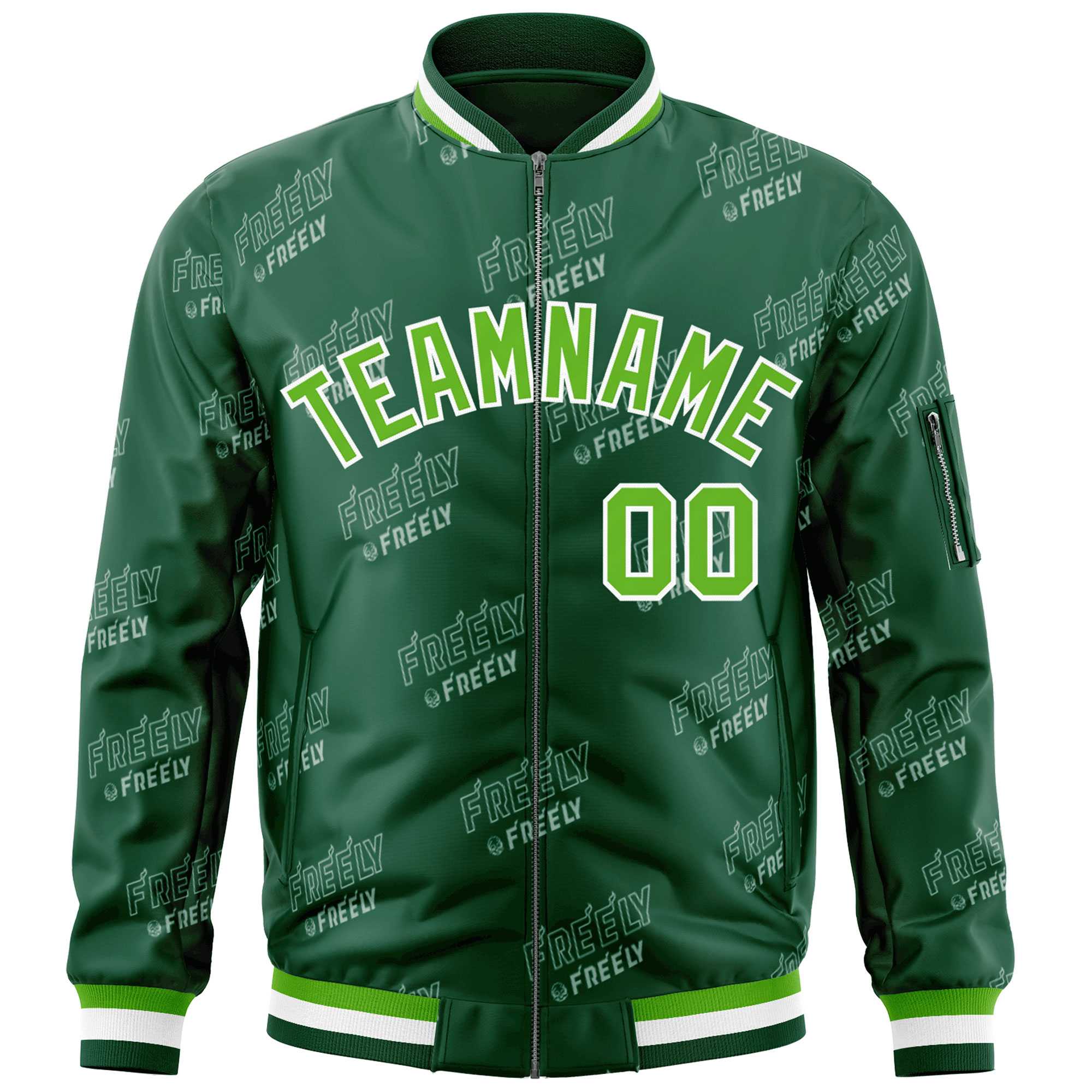 Custom Green White Letter Full-Zip Varsity Bomber Jacket