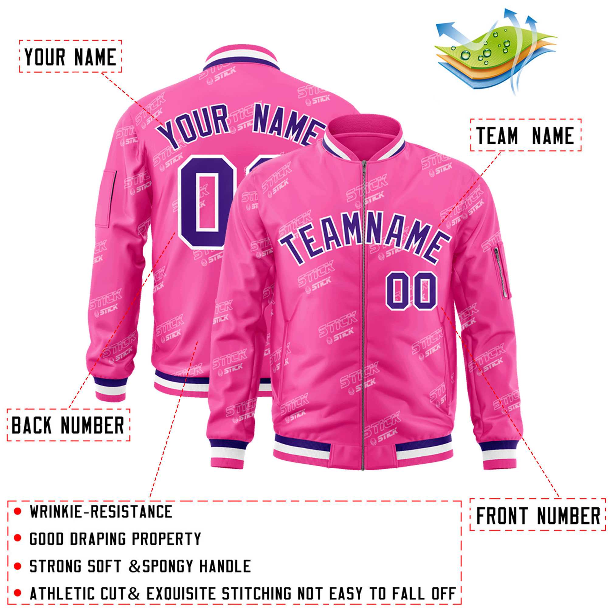 Custom Pink Purple-White Letter Full-Zip Varsity Bomber Jacket