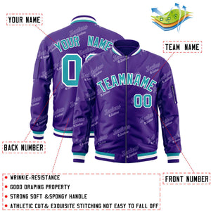 Custom Purple Aqua-White Letter Full-Zip Varsity Bomber Jacket