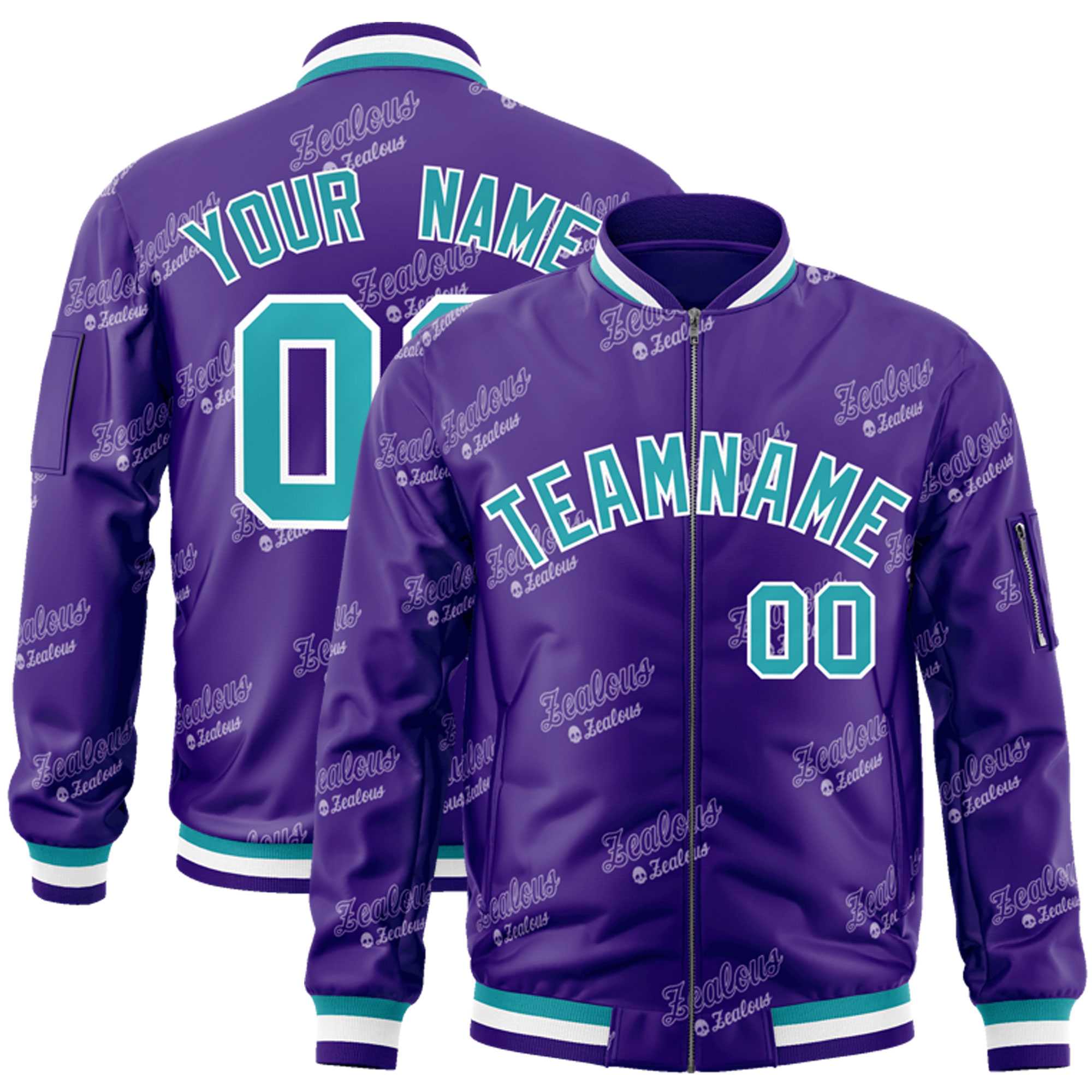 Custom Purple Aqua-White Letter Full-Zip Varsity Bomber Jacket