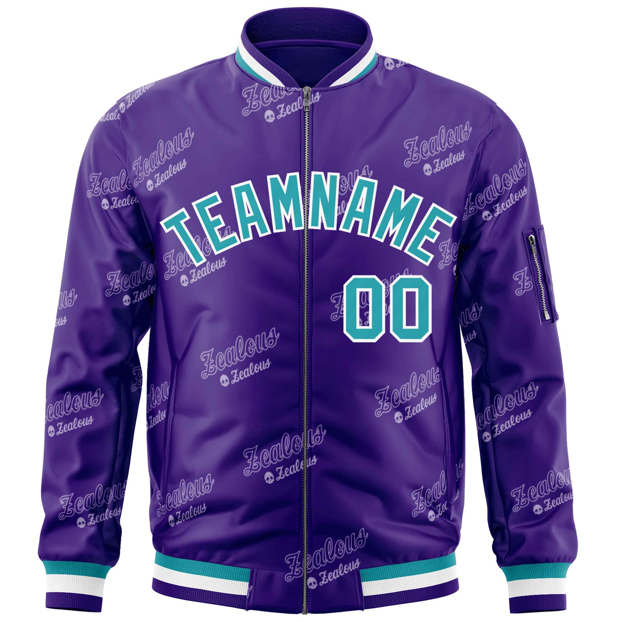 Custom Purple Aqua-White Letter Full-Zip Varsity Bomber Jacket