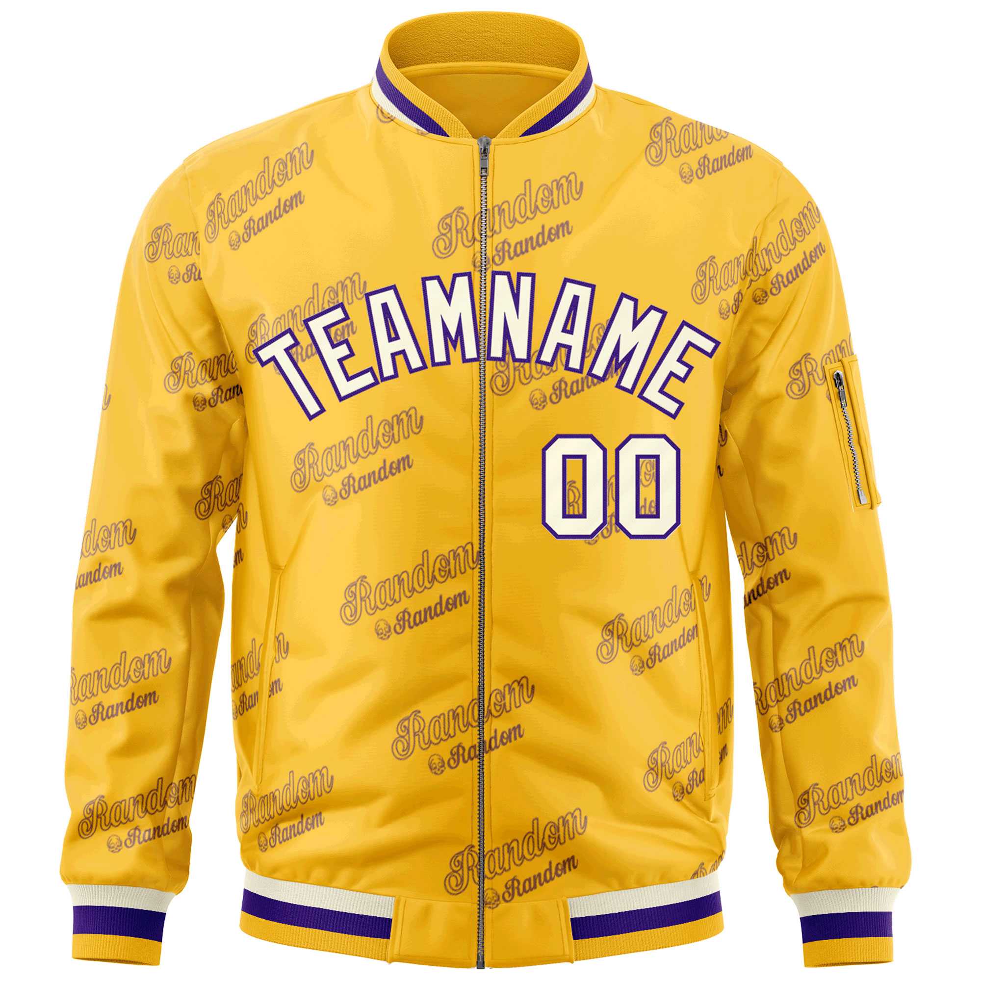 Custom Gold Cream-Purple Letter Full-Zip Varsity Bomber Jacket