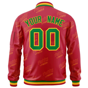 Custom Red Kelly Green-Gold Letter Full-Zip Varsity Bomber Jacket