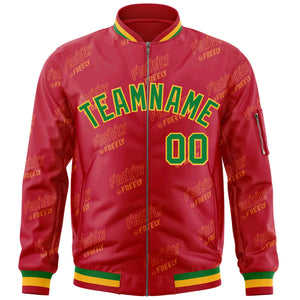 Custom Red Kelly Green-Gold Letter Full-Zip Varsity Bomber Jacket