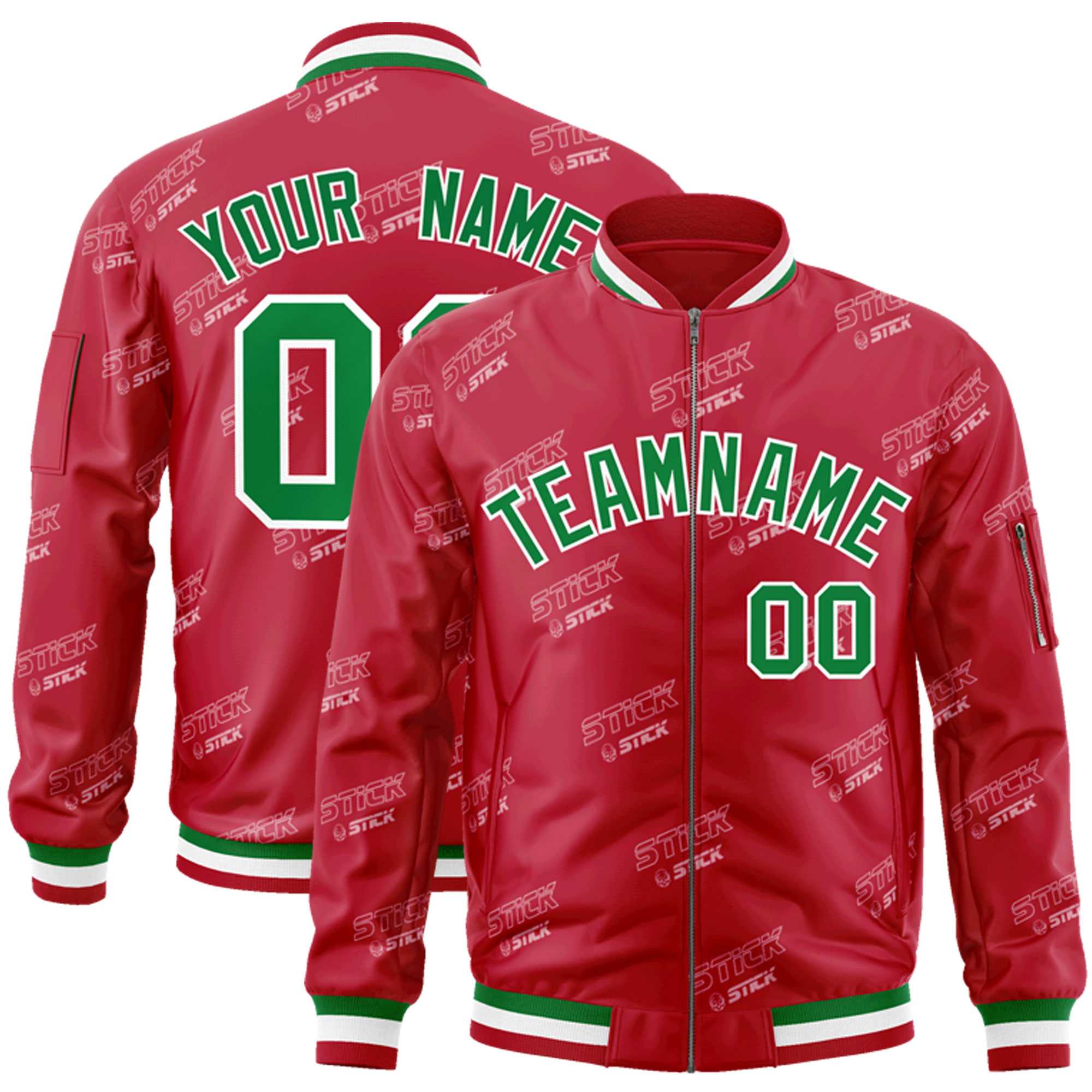 Custom Red Kelly Green-White Letter Full-Zip Varsity Bomber Jacket