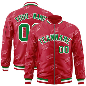 Custom Red Kelly Green-White Letter Full-Zip Varsity Bomber Jacket