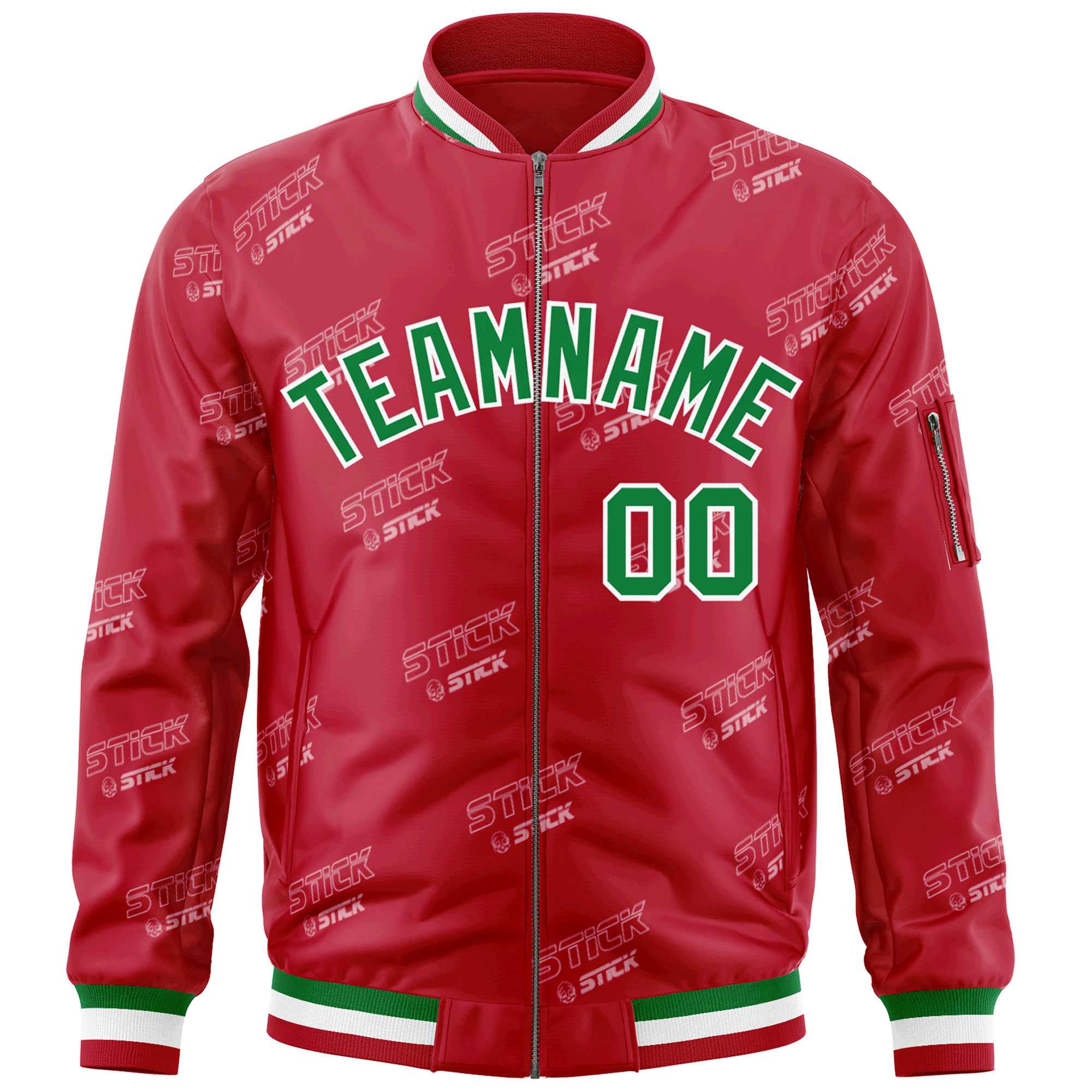 Custom Red Kelly Green-White Letter Full-Zip Varsity Bomber Jacket