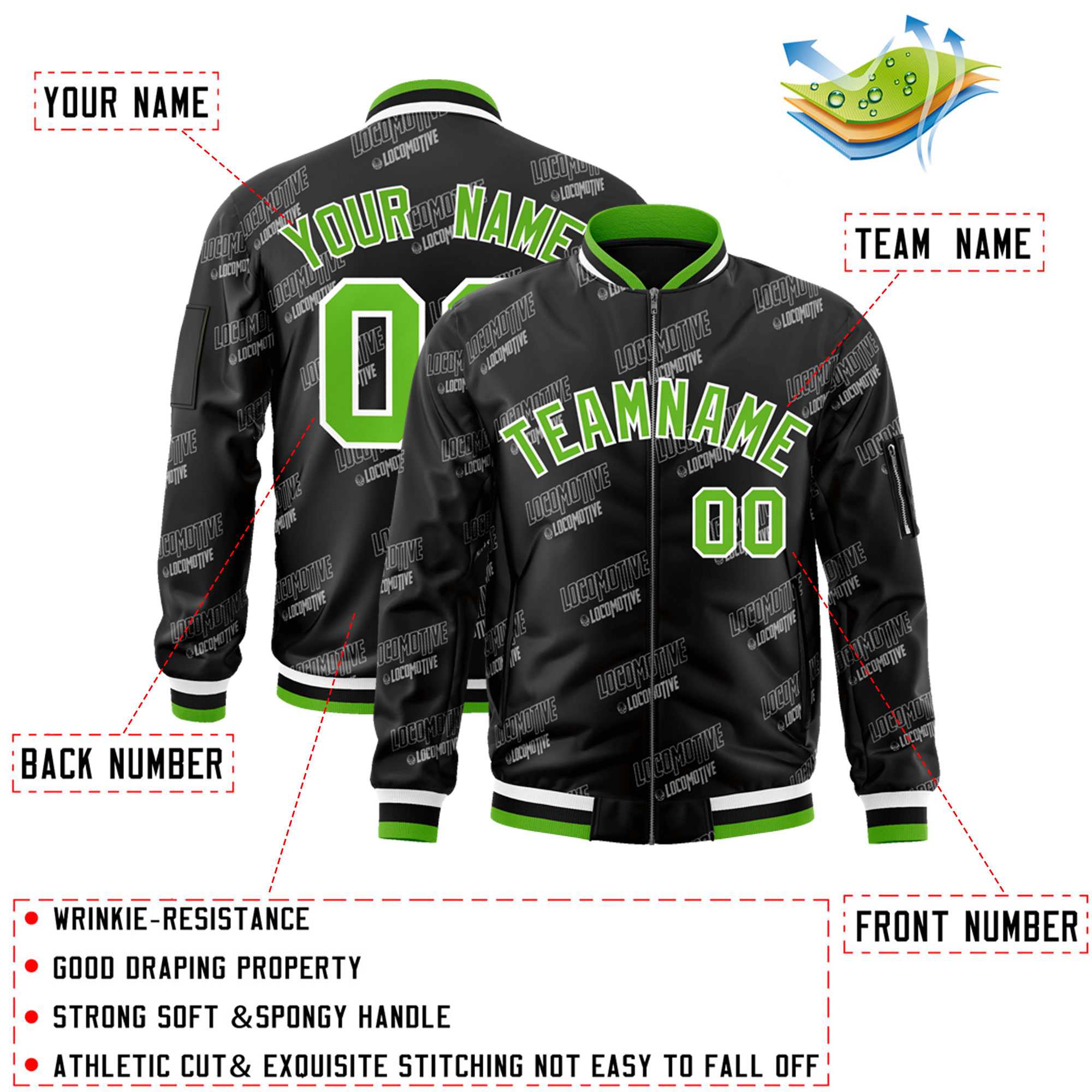 Custom Black Green-White Letter Full-Zip Varsity Bomber Jacket