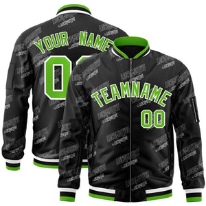 Custom Black Green-White Letter Full-Zip Varsity Bomber Jacket