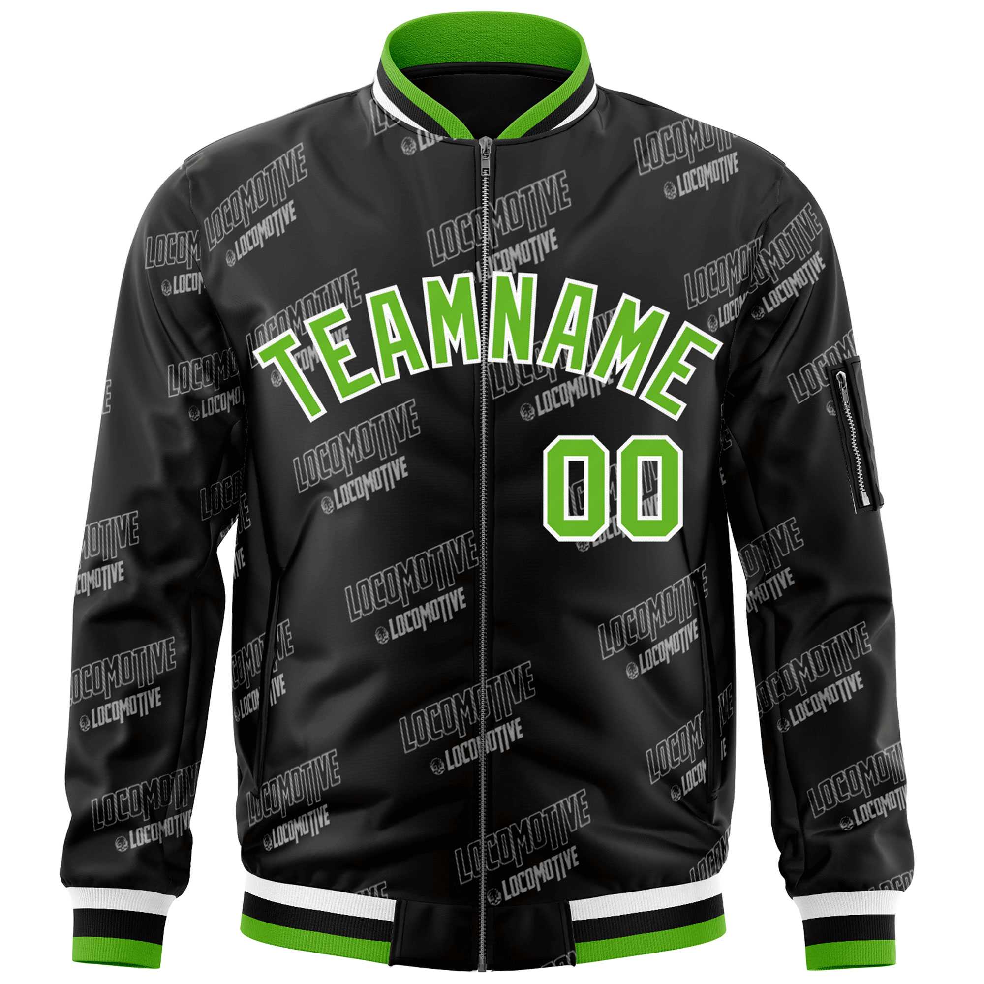 Custom Black Green-White Letter Full-Zip Varsity Bomber Jacket