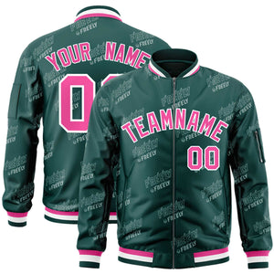 Custom Midnight Green Pink-White Letter Full-Zip Varsity Bomber Jacket