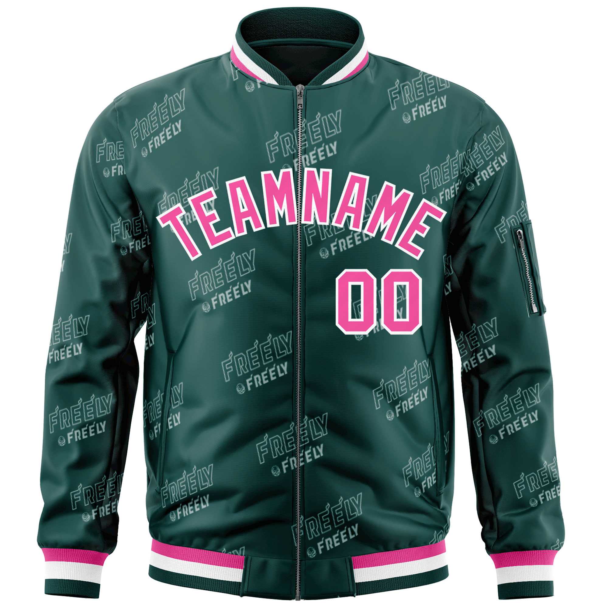 Custom Midnight Green Pink-White Letter Full-Zip Varsity Bomber Jacket