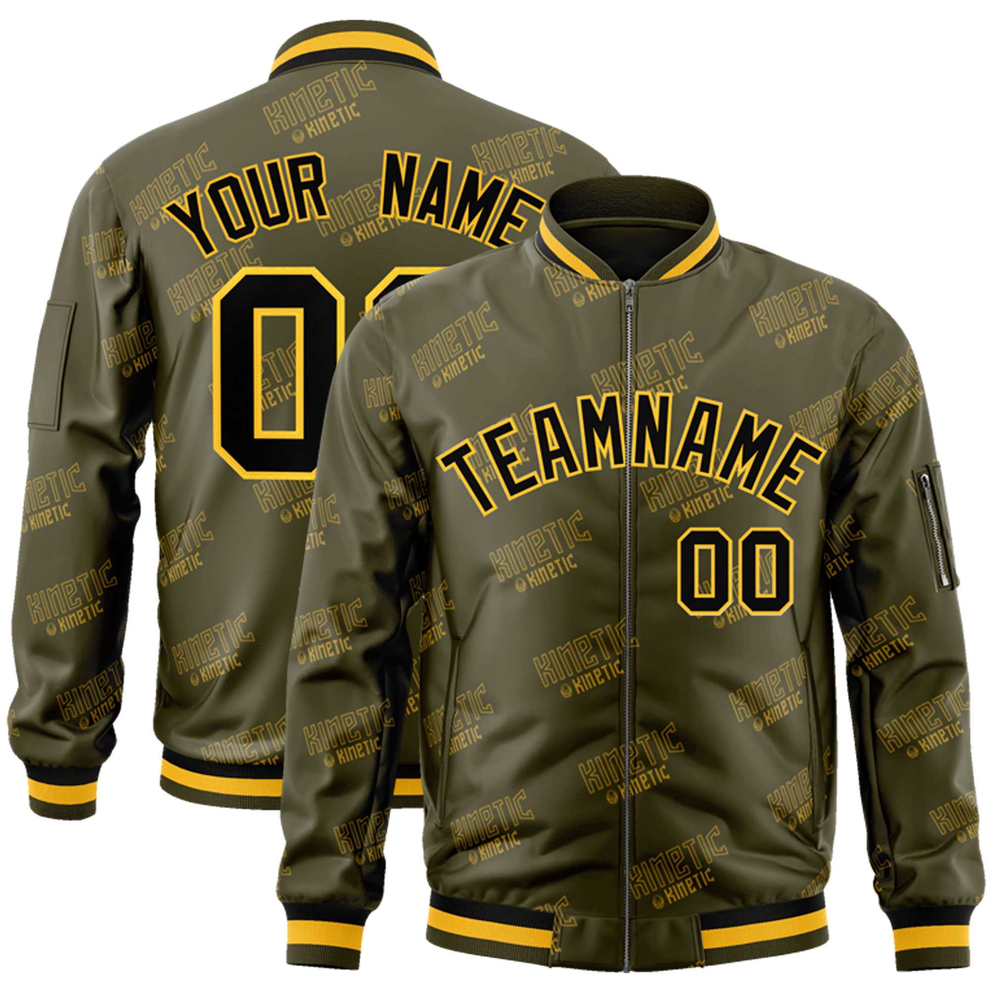 Custom Olive Black-Gold Letter Full-Zip Varsity Bomber Jacket