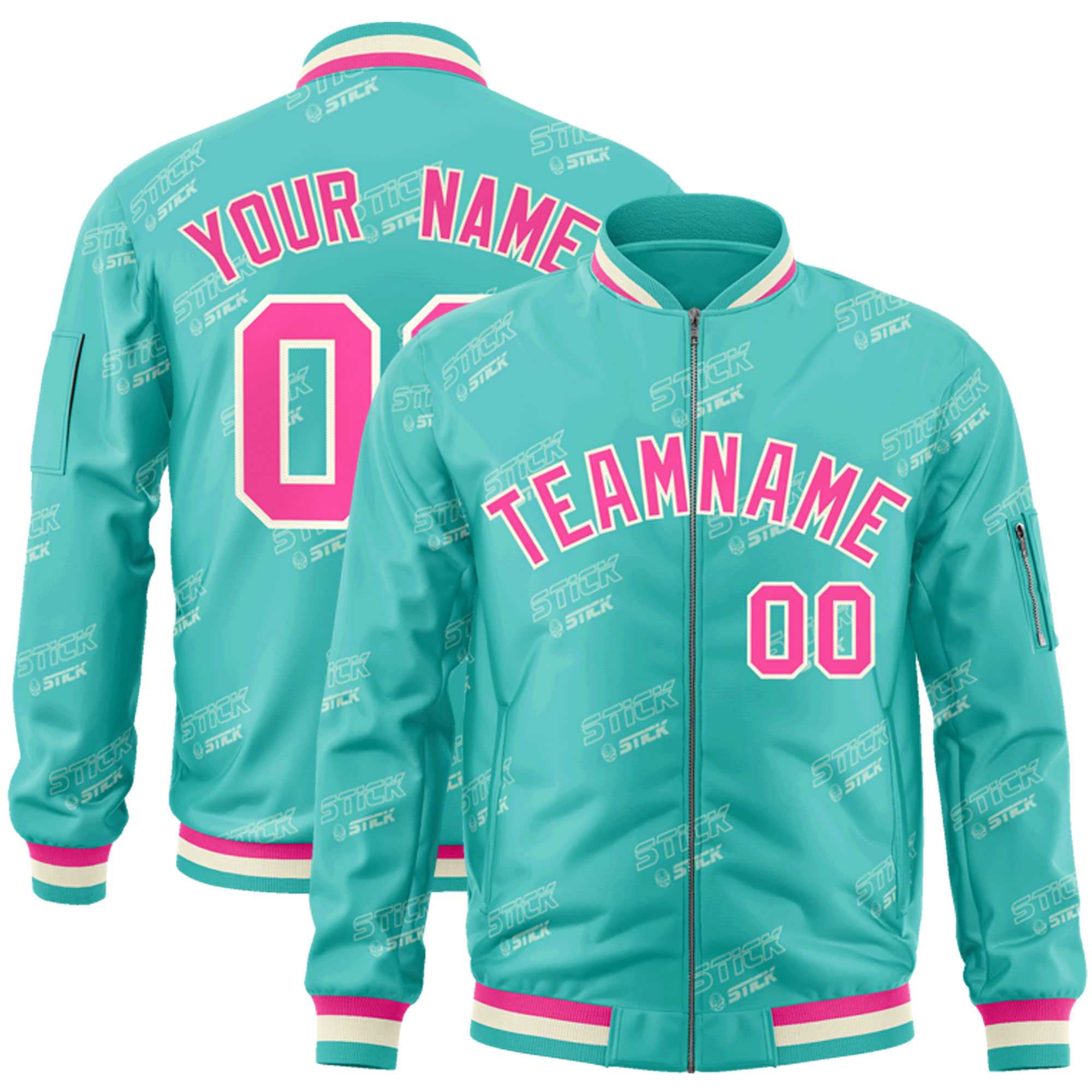 Custom Aqua Pink-Cream Letter Full-Zip Varsity Bomber Jacket