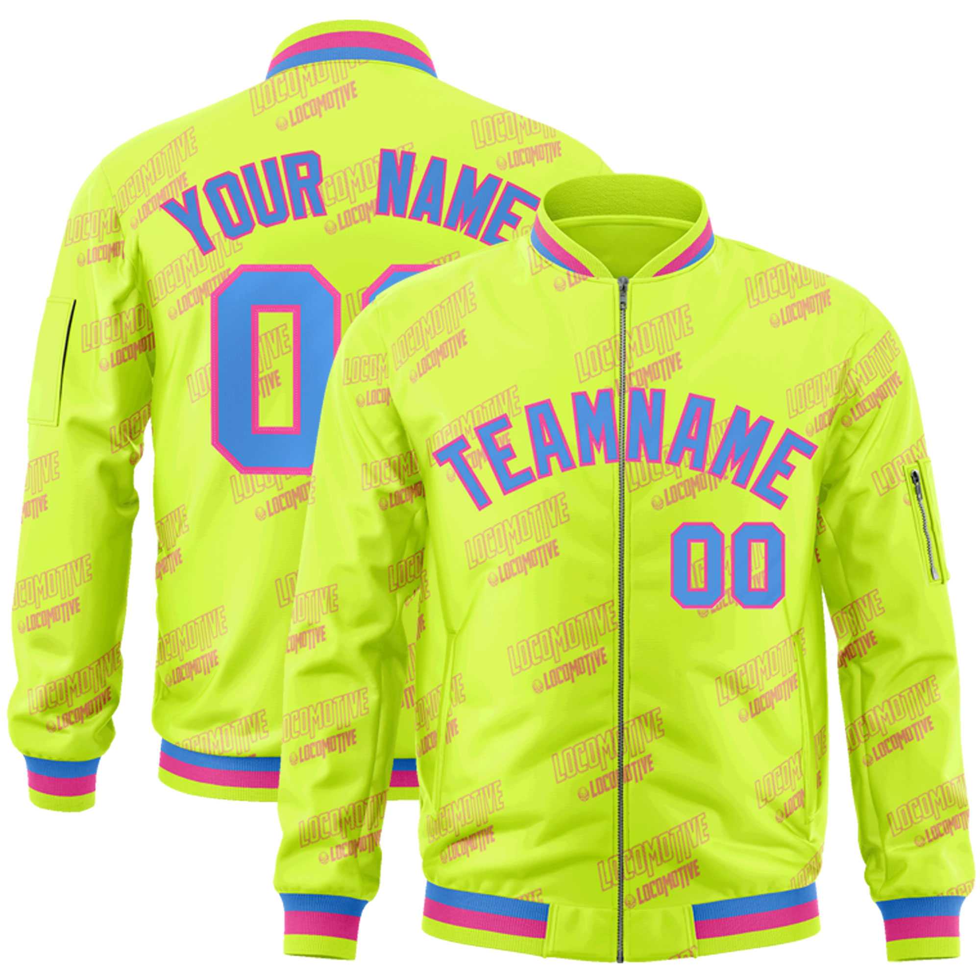 Custom Neon Green Powder Blue-Pink Letter Full-Zip Varsity Bomber Jacket