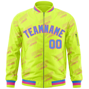 Custom Neon Green Powder Blue-Pink Letter Full-Zip Varsity Bomber Jacket