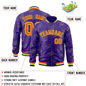 Custom Purple Orange-Neon Green Letter Full-Zip Varsity Bomber Jacket