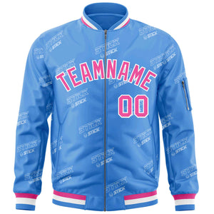 Custom Powder Blue Pink-White Letter Full-Zip Varsity Bomber Jacket