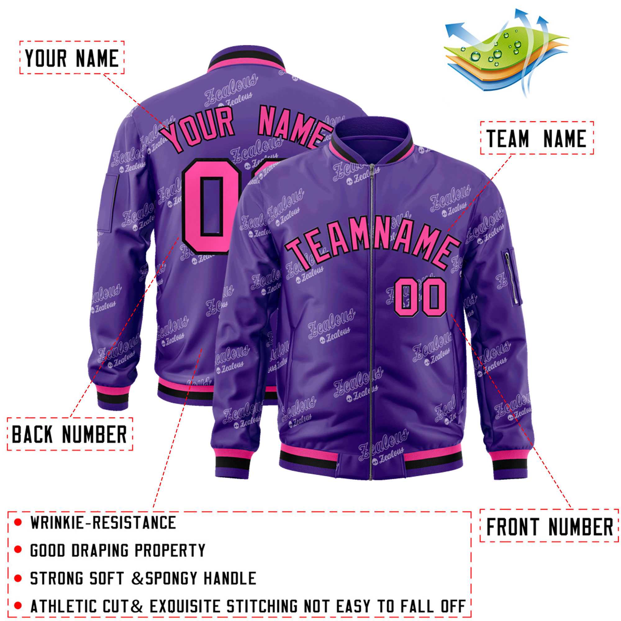 Custom Purple Pink-Black Letter Full-Zip Varsity Bomber Jacket