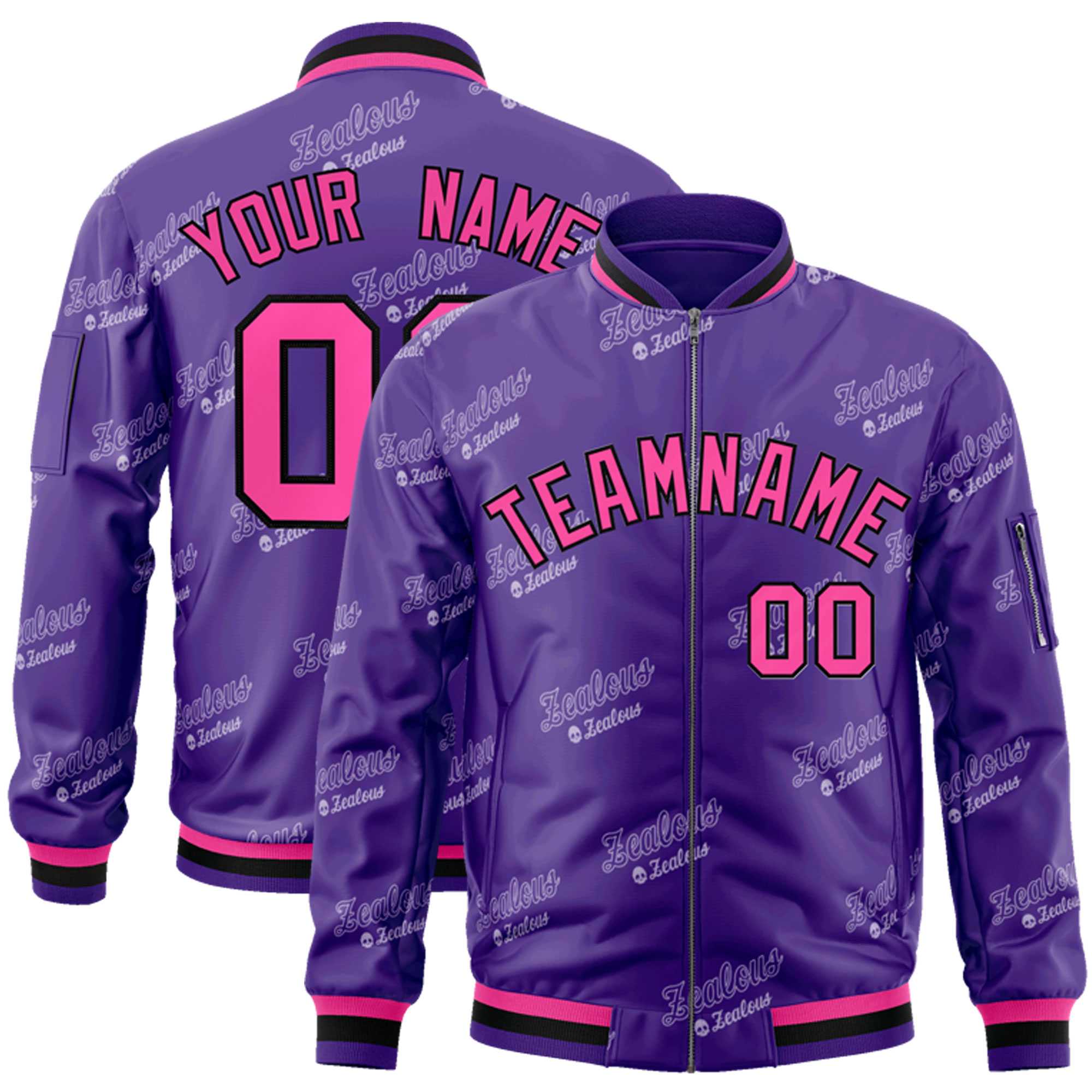 Custom Purple Pink-Black Letter Full-Zip Varsity Bomber Jacket