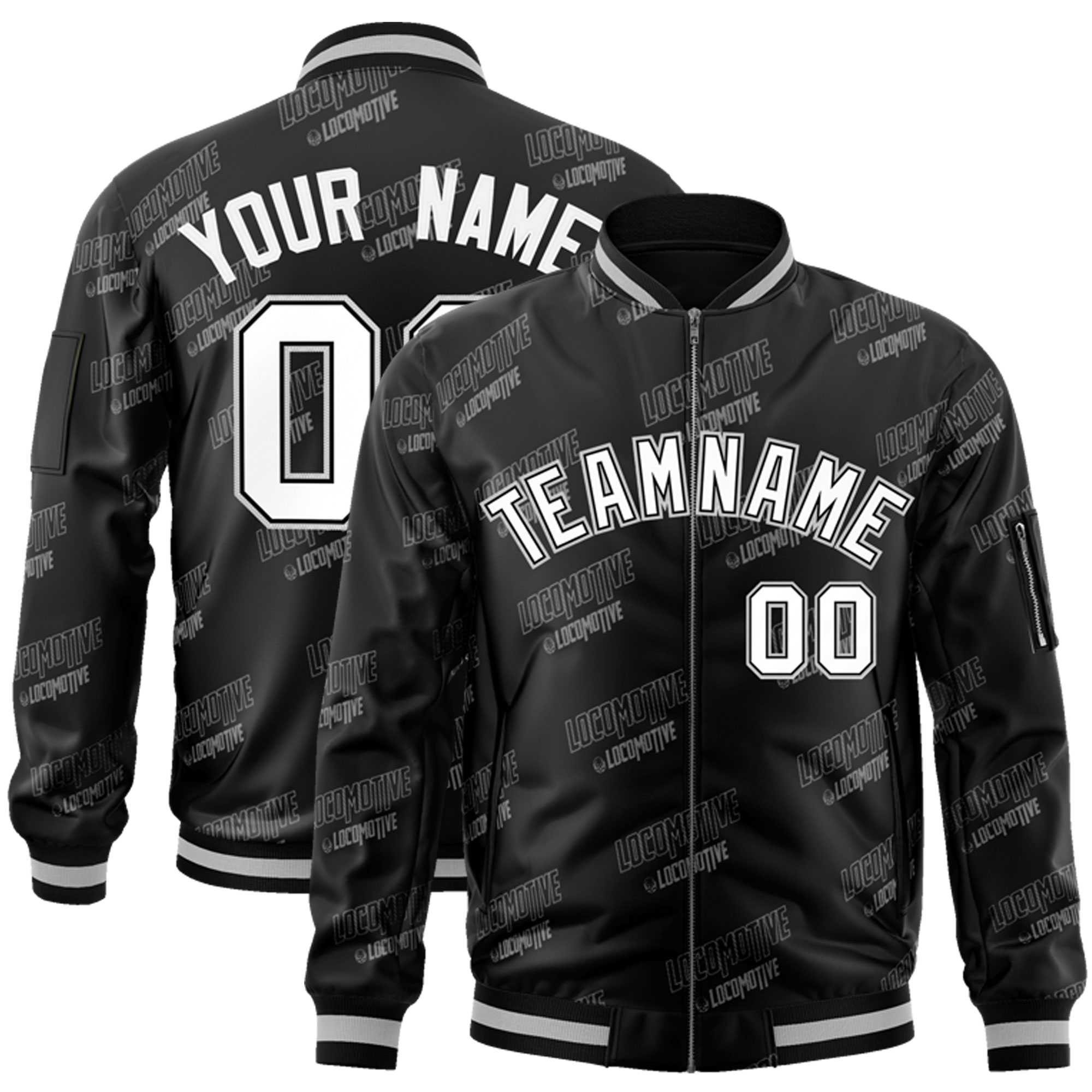 Custom Black White Letter Full-Zip Varsity Bomber Jacket