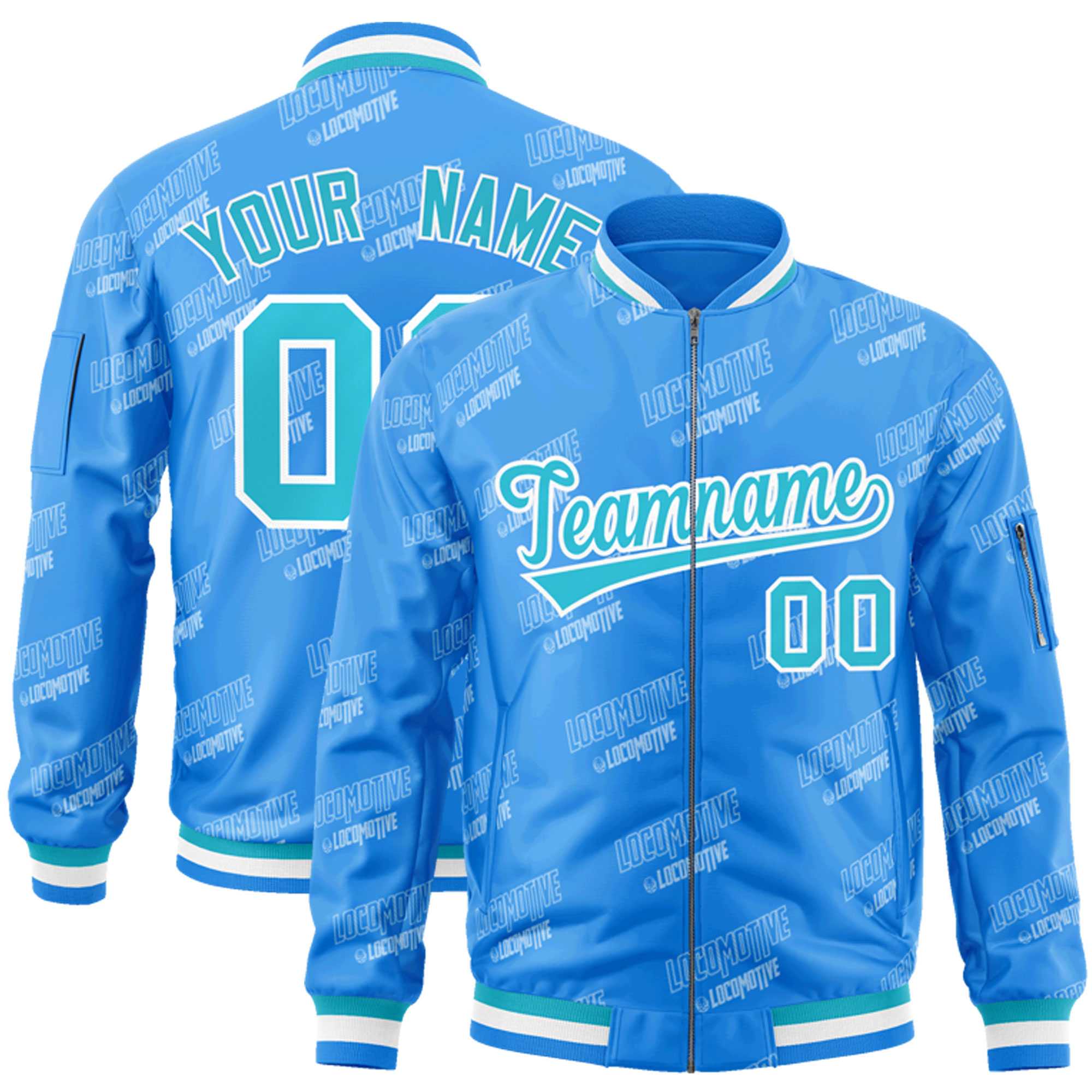 Custom Powder Blue Sky Blue-White Letter Full-Zip Varsity Bomber Jacket