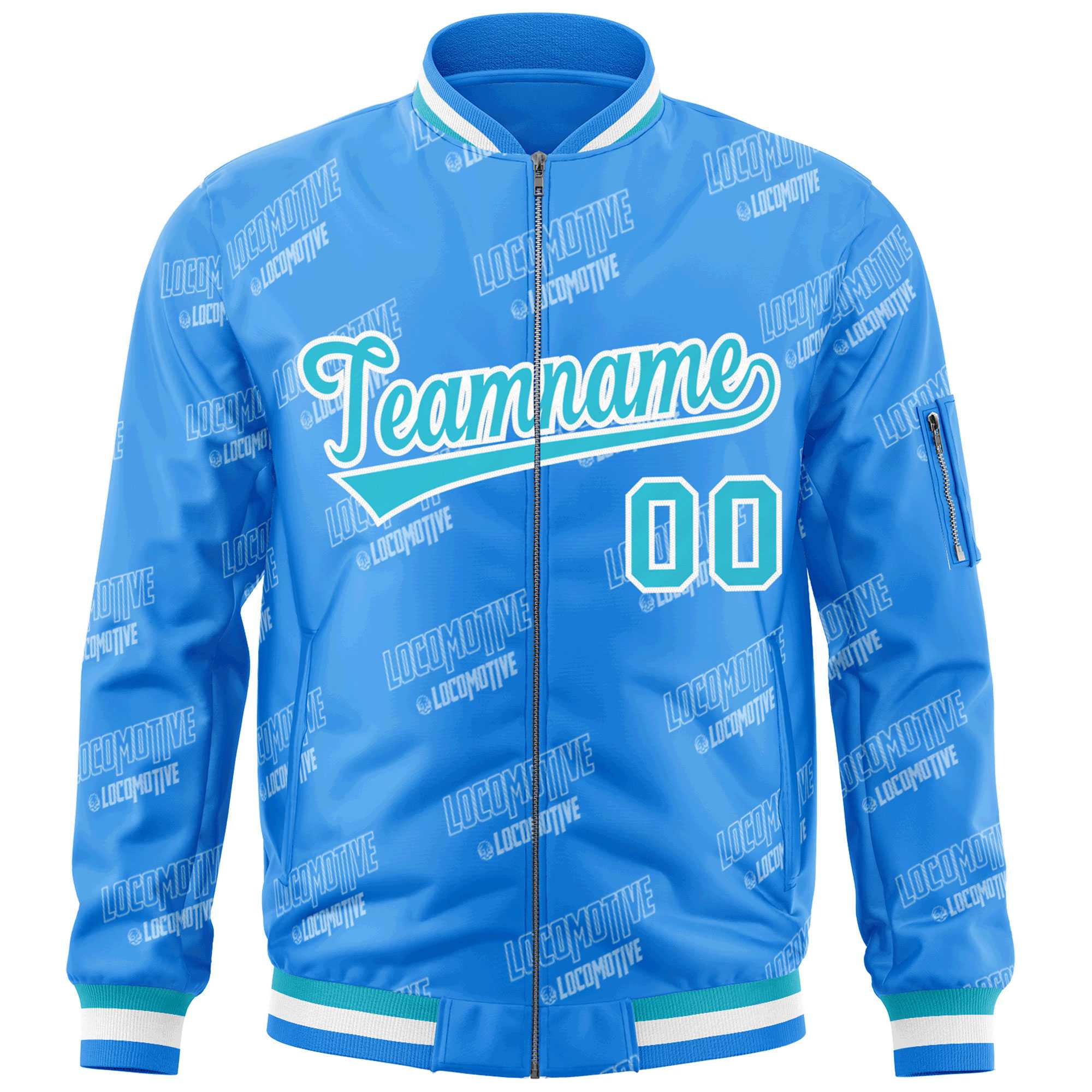 Custom Powder Blue Sky Blue-White Letter Full-Zip Varsity Bomber Jacket