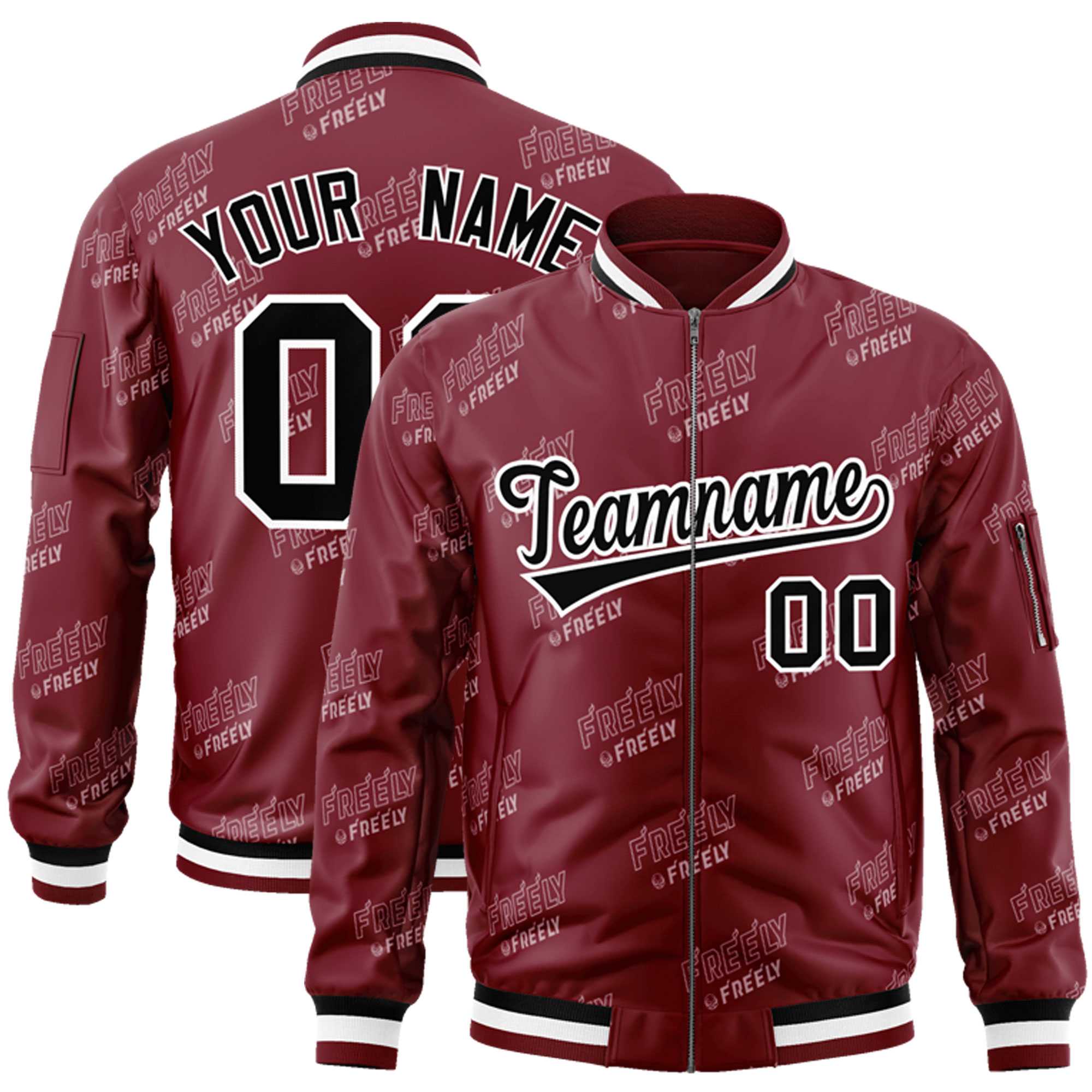 Custom Crimson Black-White Letter Full-Zip Varsity Bomber Jacket