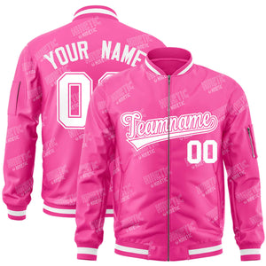 Custom Pink White Letter Full-Zip Varsity Bomber Jacket