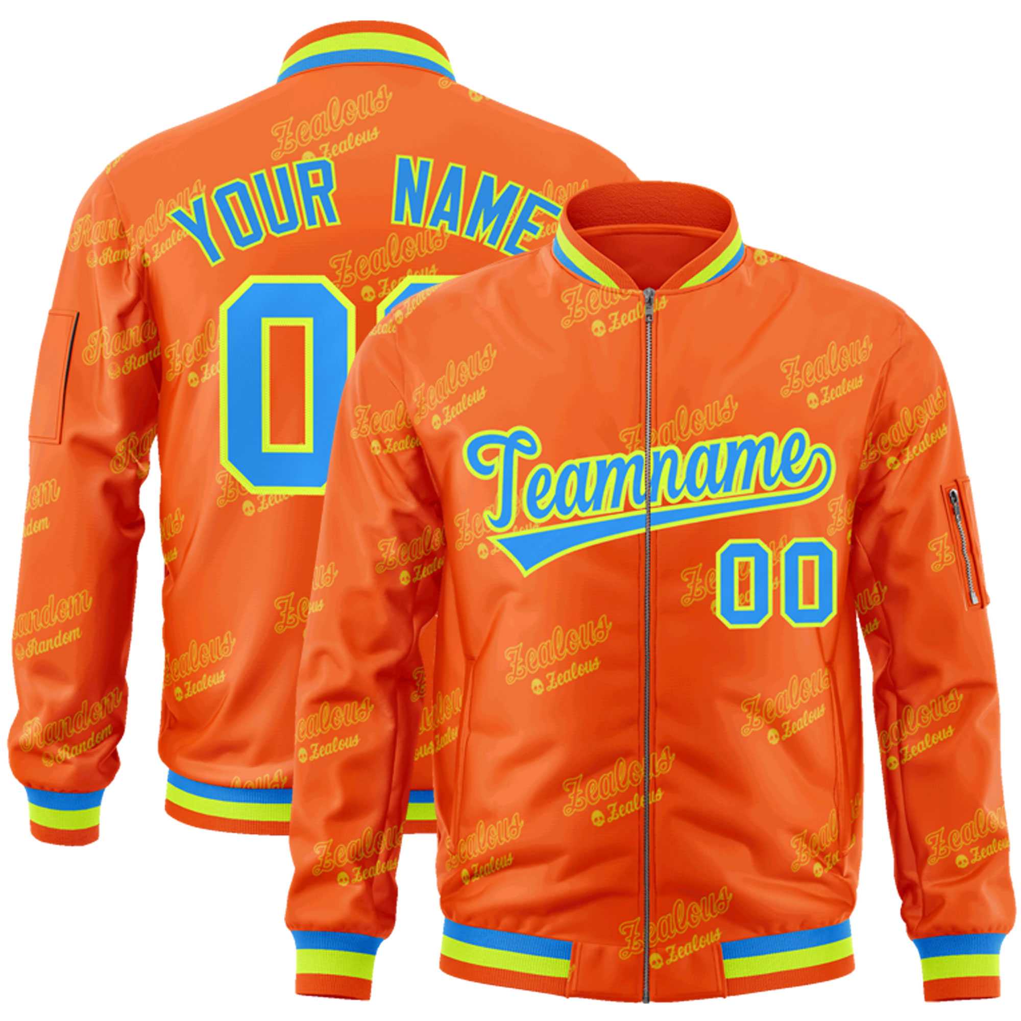 Custom Orange Powder Blue-Neon Green Letter Full-Zip Varsity Bomber Jacket